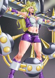 Rule 34 | 1girl, absurdres, big hair, blonde hair, breasts, bustier, drill, feet out of frame, hair intakes, highres, jacket, kujaku mai, kureshi (hannzi), large breasts, long hair, miniskirt, open mouth, purple eyes, purple footwear, purple jacket, purple skirt, restrained, simple background, skirt, sleeveless, sleeveless jacket, trapped, yu-gi-oh!