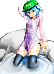 Rule 34 | 1girl, alternate costume, bad id, bad pixiv id, black thighhighs, blue hair, blush, female focus, green eyes, hair bobbles, hair ornament, hat, kawashiro nitori, ku-ba, long sleeves, one-piece swimsuit, school swimsuit, see-through, short hair, smile, solo, swimsuit, swimsuit under clothes, thighhighs, touhou, twintails, two side up, water
