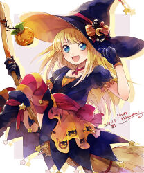 Rule 34 | 1girl, blonde hair, blue eyes, boots, bow, broom, broom riding, dress, gloves, hana (mew), happy halloween, hat, highres, long hair, open mouth, puffy short sleeves, puffy sleeves, pumpkin, puyopuyo, short sleeves, simple background, smile, solo, star (symbol), striped clothes, striped thighhighs, thighhighs, witch (puyopuyo), witch hat