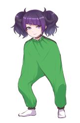 Rule 34 | 1girl, choker, commentary, diagonal bangs, disco brando, english commentary, full body, green pants, highres, idolmaster, idolmaster shiny colors, lipstick, looking at viewer, makeup, pants, purple eyes, purple hair, purple lips, short twintails, simple background, smile, socks, solo, standing, tanaka mamimi, transparent background, twintails