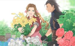 Rule 34 | 1boy, 1girl, aerith gainsborough, armor, black hair, bracelet, braid, braided ponytail, brown hair, dress, earrings, facial scar, final fantasy, final fantasy vii, flower, garden, gloves, green eyes, happy, holding, holding flower, jacket, jewelry, long hair, looking at another, open mouth, pink dress, pink ribbon, plant, red jacket, ribbon, scar, scar on cheek, scar on face, shillo, shoulder armor, sleeveless, sleeveless turtleneck, spiked hair, sweater, turtleneck, turtleneck sweater, zack fair