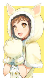 Rule 34 | 1girl, :d, animal hands, animal hood, bang dream!, brown eyes, brown hair, dog hood, fur-trimmed gloves, fur-trimmed hood, fur trim, gloves, hazawa tsugumi, highres, hood, hood up, komachi narota, looking at viewer, open mouth, own hands together, paw gloves, pom pom (clothes), round teeth, short hair, smile, solo, teeth, upper body, upper teeth only, yellow background