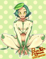 Rule 34 | 1girl, agawa ryou, artist name, bad id, bad pixiv id, barefoot, commentary request, feet, frog, frog girl, green hair, hands on feet, leaf, leaf on head, looking at viewer, monster girl, navel, open mouth, original, outline, polka dot, polka dot background, popped collar, short hair, sitting, smile, solo, watermark, web address, yellow eyes