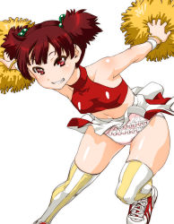 Rule 34 | 1girl, brown hair, cheerleader, frilled panties, frills, grin, k-on!, midriff, panties, pom pom (cheerleading), red eyes, shinama, shoes, short hair, simple background, sleeveless, sleeveless turtleneck, smile, sneakers, solo, striped clothes, striped thighhighs, suzuki jun, thighhighs, turtleneck, twintails, underwear, vertical-striped clothes, vertical-striped thighhighs, white background
