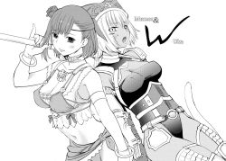 Rule 34 | 00s, 2girls, blush, bracelet, breasts, cat tail, choker, cleavage, dancer, fantasy, final fantasy, final fantasy xi, flower, greyscale, hair flower, hair ornament, hat, hume, jewelry, large breasts, mithra (ff11), monochrome, multiple girls, mumor, navel, open mouth, pinky out, robina, tail, uka totlihn