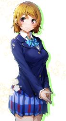 Rule 34 | 1girl, blazer, blue bow, blue bowtie, blue skirt, bow, bowtie, breasts, brown hair, closed mouth, highres, jacket, koizumi hanayo, long sleeves, looking at viewer, love live!, love live! school idol project, medium breasts, nakano maru, pink eyes, plaid, plaid skirt, school uniform, short hair, skirt, smile, solo, striped bow, striped bowtie, striped clothes, striped neckwear, white background