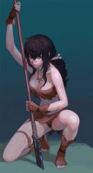 Rule 34 | 1girl, bad id, bad twitter id, bare shoulders, barefoot, bite mark, black hair, breasts, brown panties, cleavage, fingerless gloves, full body, gloves, hair over breasts, kneeling, long hair, necklace, on one knee, original, panties, parted lips, polearm, ponytail, scar, sidelocks, skirt, solo, spear, strapless, toeless legwear, toes, tooth necklace, tube top, underwear, washi no tosaka, weapon