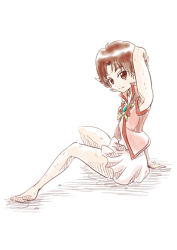 Rule 34 | 1girl, adapted costume, armpits, barefoot, brown eyes, brown hair, closed mouth, cosplay, cure rouge, cure rouge (cosplay), full body, miniskirt, natsuki rin, nita (onakatohoppe), pleated skirt, precure, shirt, short hair, simple background, sitting, sketch, skirt, sleeveless, sleeveless shirt, smile, soles, solo, white background, white shirt, white skirt, yes, yes! precure 5