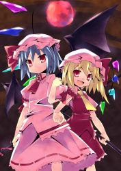 Rule 34 | &gt;:), &gt;:d, 2girls, :d, absurdres, female focus, flandre scarlet, full moon, hat, highres, locked arms, looking at viewer, moon, multiple girls, open mouth, rando seru, red moon, remilia scarlet, short hair, siblings, sisters, smile, sukanchinkasu, touhou, v-shaped eyebrows