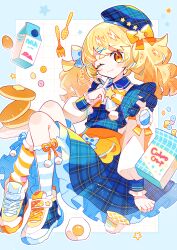 Rule 34 | 1girl, beret, blonde hair, blue beret, blue dress, bow, dress, food, frills, hair ornament, hat, highres, long hair, long sleeves, looking at viewer, milk carton, one eye closed, original, plaid, saijo1201, shoes, socks, solo, star (symbol), striped clothes, striped socks, twintails