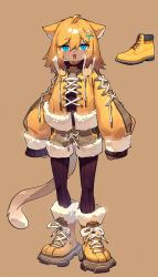 Rule 34 | 1girl, :3, absurdres, ahoge, animal ears, ankle boots, arms at sides, black bodysuit, blue eyes, body fur, bodysuit, bodysuit under clothes, boots, brown background, brown fur, brown shorts, cat ears, cat girl, cat tail, cross-laced clothes, drawstring, fang, fur-trimmed boots, fur-trimmed jacket, fur-trimmed shorts, fur-trimmed sleeves, fur trim, furry, furry female, hair between eyes, hair ornament, highres, jacket, long sleeves, looking at viewer, medium hair, open mouth, orange hair, orange jacket, original, personification, shiiorina, shorts, simple background, slit pupils, smile, solo, standing, tail, whiskers, x hair ornament, yellow footwear
