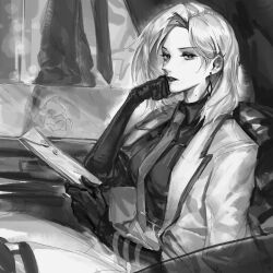 Rule 34 | 1girl, breasts, car, coat, coat on shoulders, collared shirt, dangle earrings, diagonal-striped clothes, diagonal-striped necktie, earrings, elbow gloves, folder, forehead, gloves, greyscale, head rest, highres, holding, holding folder, jewelry, ke laoye, langley (path to nowhere), lips, looking at viewer, looking to the side, medium breasts, medium hair, mole, mole on neck, monochrome, motor vehicle, necktie, parted lips, path to nowhere, shirt, sideways glance, solo, striped clothes, vehicle interior