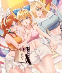 3girls absurdres alternate_costume bag bare_shoulders black_choker blonde_hair blue_bow blue_eyes bow breasts choker commentary cropped_shirt dated dutch_angle earrings green_eyes hair_bow hair_over_one_eye hairband hand_up highres holding holding_bag holding_hands jewelry long_sleeves looking_at_another mario_(series) medium_breasts midriff miniskirt multiple_girls navel nintendo off-shoulder_shirt off_shoulder one_eye_covered open_mouth orange_hair orange_shirt parted_bangs pink_shirt princess_daisy princess_peach rosalina shirt shopping shopping_bag short_shorts shorts signature skirt sleeveless sleeveless_shirt smile spaghetti_strap sparkle twitter_username white_hairband white_shorts white_skirt yoshino_(q_sci)