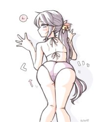 Rule 34 | 1girl, against wall, akebono (kancolle), arrow (symbol), ass, bell, bikini, feet out of frame, flower, from behind, hair bell, hair flower, hair ornament, highres, jingle bell, kantai collection, leaning forward, long hair, looking back, pink bikini, purple eyes, purple hair, side ponytail, solo, swimsuit, tatahai, very long hair