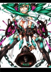 Rule 34 | 1girl, absurdres, bad id, bad pixiv id, breasts, bridal gauntlets, chain, cleavage, covered erect nipples, female focus, green eyes, green hair, hatsune miku, hatsune miku (append), highres, jongo, long hair, matching hair/eyes, medium breasts, megaphone, mouth hold, necktie, no panties, simple background, solo, thighhighs, twintails, vocaloid, vocaloid append, white background