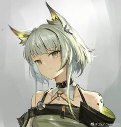 Rule 34 | 1girl, animal ears, arknights, cat ears, chunhwei lee, closed mouth, dress, expressionless, green dress, green eyes, grey background, grey hair, head tilt, kal&#039;tsit (arknights), looking at viewer, looking to the side, material growth, off-shoulder dress, off shoulder, oripathy lesion (arknights), portrait, short hair, sketch, solo, weibo logo, weibo username