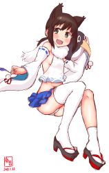 Rule 34 | 1girl, animal ears, azur lane, black hair, blue skirt, commentary request, cosplay, dated, detached sleeves, failure penguin, fox ears, fubuki (azur lane), fubuki (azur lane) (cosplay), fubuki (kancolle), full body, geta, green eyes, high heels, highres, historical name connection, kanon (kurogane knights), kantai collection, logo, looking at viewer, low ponytail, midriff, name connection, open mouth, panties, pantyshot, pleated skirt, ponytail, scarf, short ponytail, sidelocks, simple background, single thighhigh, sitting, skirt, solo, thighhighs, underwear, white background, white panties, white scarf, white thighhighs