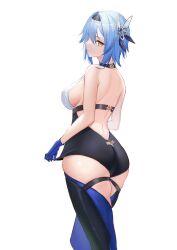 Rule 34 | 1girl, absurdres, alternate costume, ass, back, backless outfit, bare back, bare shoulders, black choker, black footwear, black hairband, blue gloves, blue hair, boots, breasts, chest harness, choker, clothes pull, eula (genshin impact), feet out of frame, from behind, fuying sanbing, genshin impact, gloves, hair between eyes, hair ornament, hairband, harness, highres, large breasts, looking back, median furrow, multicolored eyes, parted lips, short hair, sideboob, sidelocks, simple background, solo, thigh boots, thighs, two-tone leotard, white background, yellow eyes