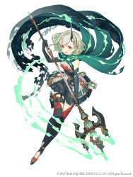 Rule 34 | 1girl, :d, absurdres, boots, breasts, crystal, dress, elbow gloves, full body, gloves, green dress, green hair, hair ornament, hairclip, highres, holding, holding polearm, holding spear, holding weapon, horns, ji no, little match girl (sinoalice), looking at viewer, official art, open mouth, polearm, red eyes, scarf, short hair, single horn, sinoalice, small breasts, smile, solo, spear, square enix, thigh boots, thighhighs, weapon, white background