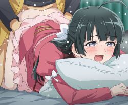 Rule 34 | 1boy, 1girl, ahoge, all fours, black hair, blue eyes, blush, brother and sister, clothed sex, commentary request, doggystyle, dress, hetero, incest, long hair, manicia (saikyou tank), open mouth, pillow, red dress, rud (saikyou tank), saikyou tank no meikyuu kouryaku ~tairyoku 9999 no rare skill-mochi tank yuusha party wo tsuihou sareru~, sex, sex from behind, siblings, solo focus, sweat, tomu (tomubobu), torso grab