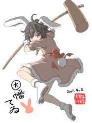 Rule 34 | 1girl, ahoge, animal ears, black hair, bow, carrot necklace, character name, commentary request, dated, dress, frilled sleeves, frills, full body, gloves, inaba tewi, inuno rakugaki, kine, looking at viewer, mallet, necklace, one-hour drawing challenge, orange eyes, paw shoes, pink dress, puffy short sleeves, puffy sleeves, rabbit ears, rabbit girl, rabbit tail, red bow, red sash, ribbon-trimmed dress, sash, shoes, short sleeves, smile, solo, tail, touhou, white background, white footwear, white gloves