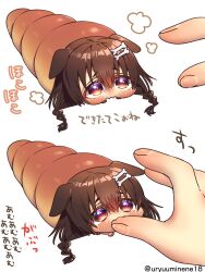 Rule 34 | 1girl, animal ears, bone hair ornament, bread, brown hair, chibi, commentary request, croissant, dog ears, dog girl, dot nose, fangs, food, hair between eyes, hair ornament, harumina mau, highres, hololive, inugami korone, long hair, looking at another, lying, on stomach, outstretched hand, quaso (meme), simple background, skin fangs, translation request, twitter username, virtual youtuber, white background