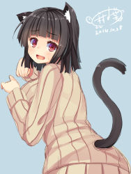 Rule 34 | 1girl, animal ears, asa no ha (awayuki), black hair, breasts, cat ears, cat tail, fang, large breasts, naked sweater, original, out-of-frame censoring, red eyes, ribbed sweater, short hair, sketch, solo, sweater, tail