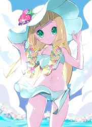 Rule 34 | 1girl, bikini, blonde hair, blush, breasts, chorimokki, closed mouth, cloud, cowboy shot, creatures (company), day, facing viewer, flower, game freak, green eyes, hair ornament, hat, holding, holding clothes, holding hat, lillie (pokemon), long hair, looking at viewer, nintendo, pokemon, pokemon (anime), pokemon sm (anime), smile, solo, standing, sun hat, swimsuit, water, white bikini, white hat