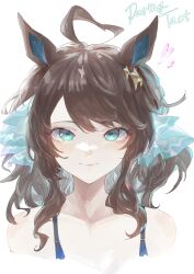 Rule 34 | 1girl, absurdres, ahoge, animal ears, bare shoulders, blue eyes, brown hair, character name, closed mouth, collarbone, commentary request, cropped torso, daring tact (umamusume), hasukurira, heart, highres, horse ears, long hair, looking at viewer, simple background, smile, solo, umamusume, upper body, white background