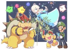 Rule 34 | 1girl, 3boys, aqua dress, armlet, arms up, bamboo, bandana, bare shoulders, black background, blonde hair, blue eyes, blue pants, blush, bowser, bowser jr., bracelet, bright pupils, brooch, brown footwear, brown hair, buttons, claws, closed mouth, crown, dress, eyelashes, facial hair, fang, father and son, floating, frilled dress, frills, full body, gem, gloves, green headwear, green shirt, hair over one eye, hat, holding, holding pencil, holding wand, horns, hoshikuzu pan, jewelry, long hair, long sleeves, looking at viewer, luigi, luma (mario), mario (series), mini crown, multiple boys, mustache, nintendo, off-shoulder dress, off shoulder, one eye covered, open mouth, overalls, pants, parted bangs, pencil, red eyes, red hair, rosalina, sharp teeth, shell, shirt, shoes, short hair, smile, spiked armlet, spiked bracelet, spiked shell, spiked tail, spikes, standing, star (symbol), star bit, star wand, super mario galaxy, swept bangs, tail, tanabata, tanzaku, teeth, turtle shell, two-tone background, upper teeth only, v-shaped eyebrows, wand, white background, white bandana, white gloves, white pupils, wide sleeves