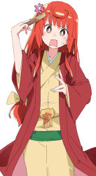 Rule 34 | 1girl, anger vein, blush, buratei marii, hand fan, hand up, holding, holding fan, ixy, japanese clothes, joshiraku, kimono, long hair, long sleeves, open mouth, red hair, red kimono, simple background, solo, sweatdrop, white background