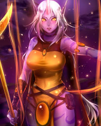 Rule 34 | 1girl, arm at side, arm wrap, armlet, armpits, bag, belt, blush, breasts, choker, cloud, colored skin, cowboy shot, dress, female focus, fingernails, gem, glowing, highres, holding, holding staff, horns, jewelry, large breasts, league of legends, long fingernails, long hair, looking at viewer, necklace, non (nonzile), oni horns, outstretched arm, parted lips, pelvic curtain, pendant, pointy ears, purple skin, side slit, signature, single horn, sky, sleeveless, sleeveless dress, solo, soraka (league of legends), staff, tattoo, very long hair, white hair, yellow eyes