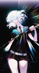Rule 34 | 1other, absurdres, androgynous, black background, blue eyes, diamond (houseki no kuni), dj.adonis, highres, houseki no kuni, looking to the side, necktie, short hair, solo, sword, weapon