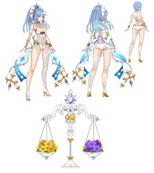 Rule 34 | 1girl, alternate costume, alternate hairstyle, ass, balance scale, bare shoulders, beads, bikini, blue hair, breasts, character sheet, collarbone, flower, frigg (valkyrie connect), full body, hair flower, hair ornament, high heels, highres, kneepits, knees, multiple views, navel, official art, ponytail, purple eyes, swimsuit, valkyrie connect, weighing scale, white background, white bikini