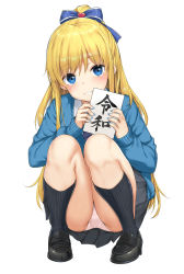 Rule 34 | 1girl, black footwear, black socks, blonde hair, blue bow, blue eyes, blue nails, blue neckwear, blue sweater, blush, bow, collared shirt, commentary request, diagonal-striped clothes, diagonal-striped necktie, diagonal-striped neckwear, fingernails, full body, grey skirt, grin, hair between eyes, hair bow, hair ornament, heart, heart hair ornament, high ponytail, highres, holding, kneehighs, loafers, long hair, long sleeves, nail polish, necktie, original, panties, pleated skirt, ponytail, reiwa, ribbed legwear, school uniform, shirt, shoes, simple background, skirt, sleeves past wrists, smile, socks, solo, squatting, striped clothes, striped neckwear, sweater, takayaki, translation request, underwear, very long hair, white background, white panties, white shirt