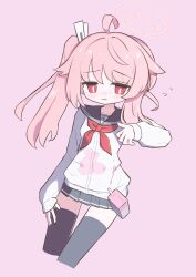 Rule 34 | 1girl, ahoge, black sailor collar, black skirt, black thighhighs, blue archive, blush, buttons, cardigan, cropped legs, drink, drinking straw, halo, highres, long hair, long sleeves, natsu (blue archive), neumo ( neumo ), open mouth, pink background, pink hair, pink halo, pleated skirt, red eyes, sailor collar, side ponytail, simple background, skirt, solo, thighhighs, white cardigan
