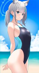 Rule 34 | 1girl, absurdres, akagi koku, animal ear fluff, animal ears, beach, black one-piece swimsuit, blue archive, blue eyes, blue sky, breasts, cloud, competition swimsuit, covered navel, cowboy shot, cross hair ornament, day, extra ears, grey hair, hair ornament, halo, highres, horizon, low ponytail, medium breasts, medium hair, mismatched pupils, multicolored clothes, multicolored swimsuit, ocean, one-piece swimsuit, outdoors, shiroko (blue archive), shiroko (swimsuit) (blue archive), sky, smile, solo, swimsuit