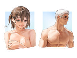 Rule 34 | 1boy, 1girl, brown hair, collarbone, covering privates, covering breasts, cropped torso, grey eyes, hair between eyes, highres, muscular, muscular male, nipples, nude, original, parted lips, pectorals, profile, rinotuna, short hair, short ponytail, side ponytail, smile, speech bubble, white hair