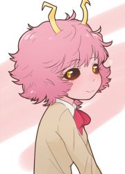 Rule 34 | 10s, 1girl, aged down, ashido mina, black sclera, boku no hero academia, bow, catmouth, colored sclera, colored skin, from side, heart, horns, light smile, looking at viewer, pink hair, pink skin, portrait, school uniform, short hair, simple background, smile, solo, sweater, yellow eyes