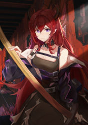 Rule 34 | 1girl, absurdres, arknights, bare shoulders, belt, black belt, black dress, breasts, commentary, cowboy shot, demon girl, detached collar, dress, female focus, hair between eyes, highres, holding, holding sword, holding weapon, horns, ichigo (mitusha), jacket, long hair, long sleeves, looking at viewer, medium breasts, off shoulder, open clothes, open jacket, purple eyes, red hair, solo, standing, surtr (arknights), sword, very long hair, weapon