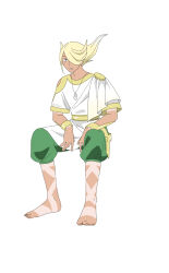 Rule 34 | 1boy, 99akt1031, barefoot, blonde hair, bracelet, capri pants, commentary request, creatures (company), feet, game freak, green pants, grey eyes, invisible chair, jewelry, long hair, male focus, necklace, nintendo, pants, parted lips, pokemon, pokemon legends: arceus, shirt, short sleeves, simple background, sitting, solo, tan, tanline, volo (pokemon), white background, white shirt