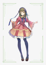 Rule 34 | 1girl, blue bow, blue pantyhose, blue ribbon, blunt bangs, bow, brown footwear, closed mouth, contrapposto, dress, full body, green eyes, green hair, grey background, hair bow, hairband, highres, kobuta, long hair, long sleeves, looking at viewer, medium hair, neck ribbon, original, outstretched arms, pantyhose, pink dress, ribbon, shoes, simple background, smile, solo, spread arms, standing, wide sleeves