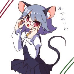 Rule 34 | 1girl, :o, animal ears, bespectacled, blue hair, bow, bowtie, glasses, juliet sleeves, kozakura (dictionary), long sleeves, looking at viewer, mouse ears, mouse tail, nazrin, open mouth, puffy sleeves, semi-rimless eyewear, short eyebrows, skirt, solo, tail, touhou, vest