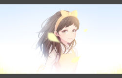 Rule 34 | 1girl, blue background, bow, brown eyes, brown hair, dated, devotion, dress, du meishin, hair bow, hairband, highres, iz\, letterboxed, long hair, looking at viewer, simple background, smile, upper body, yellow bow, yellow dress, yellow hairband