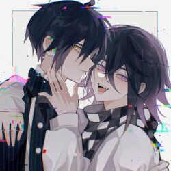 Rule 34 | 2boys, ahoge, arm around shoulder, artist request, black hair, checkered clothes, checkered scarf, commission, danganronpa (series), danganronpa v3: killing harmony, fangs, from side, glitch, hair between eyes, hand up, highres, looking at viewer, male focus, multiple boys, oma kokichi, open mouth, pinstripe jacket, pinstripe pattern, purple eyes, purple hair, saihara shuichi, scarf, serious, short hair, smile, striped, upper body, white background, yaoi, yellow eyes