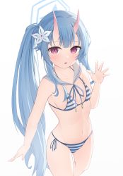 Rule 34 | bikini, blue archive, blue eyes, breasts, chise (blue archive), chise (swimsuit) (blue archive), collarbone, commentary request, hair ornament, halo, highres, horns, long hair, looking at viewer, nonddu, oni horns, open mouth, red eyes, side ponytail, simple background, small breasts, swimsuit, white background
