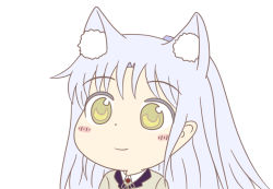 Rule 34 | 1girl, angel beats!, animal ears, blush, cat ears, closed mouth, commentary, commentary request, cowlick, from side, gyate gyate, hair ornament, hairclip, jacket, key (company), long hair, looking to the side, neck ribbon, ribbon, school uniform, shirt, silver hair, simple background, smile, solo, taeminhyeon, tenshi (angel beats!), upper body, white background, white shirt, yellow eyes