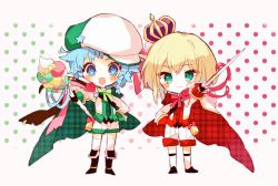 2girls, bangs, blonde hair, blue eyes, blue hair, blush, boots, bow, bowtie, cape, character request, chibi, eyebrows visible through hair, flower, green neckwear, hat, hibi89, holding, holding staff, holding sword, holding weapon, kneehighs, looking at viewer, merc storia, multiple girls, open mouth, pink neckwear, plaid cape, polka dot, polka dot background, puffy shorts, rose, short hair, shorts, smile, staff, star (symbol), sword, thighhighs, two-sided cape, two-sided fabric, weapon, white legwear