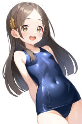 Rule 34 | 1girl, blue one-piece swimsuit, blunt ends, blush, breasts, brown hair, collarbone, covered navel, gakuen idolmaster, highres, idolmaster, kuramoto china, long hair, looking at viewer, old school swimsuit, one-piece swimsuit, parted bangs, qianlou (qianlou12374), school swimsuit, simple background, small breasts, smile, solo, swimsuit, very long hair, white background