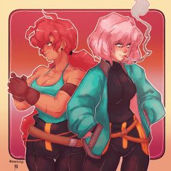 Rule 34 | 2girls, armband, belt, big hair, black bodysuit, bodysuit, bodysuit under clothes, borrowed character, breasts, brown gloves, cleavage, commentary, cracking knuckles, dark skin, dark-skinned female, dragonpuff17, english commentary, gloves, green jacket, hands in pockets, highres, jacket, long hair, loose belt, low ponytail, maria (space maria), medium breasts, multiple girls, pants, pi (space maria), pink hair, red hair, scar, science fiction, short hair, small breasts, smoking, space maria, spaghetti strap, standing, tank top, toned